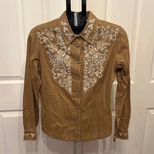 Elegant Tan Embroidered Button Down Shirt
